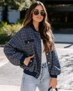 Modern Day Chic Tweed Pocketed Bomber Jacket - Navy - FINAL SALE