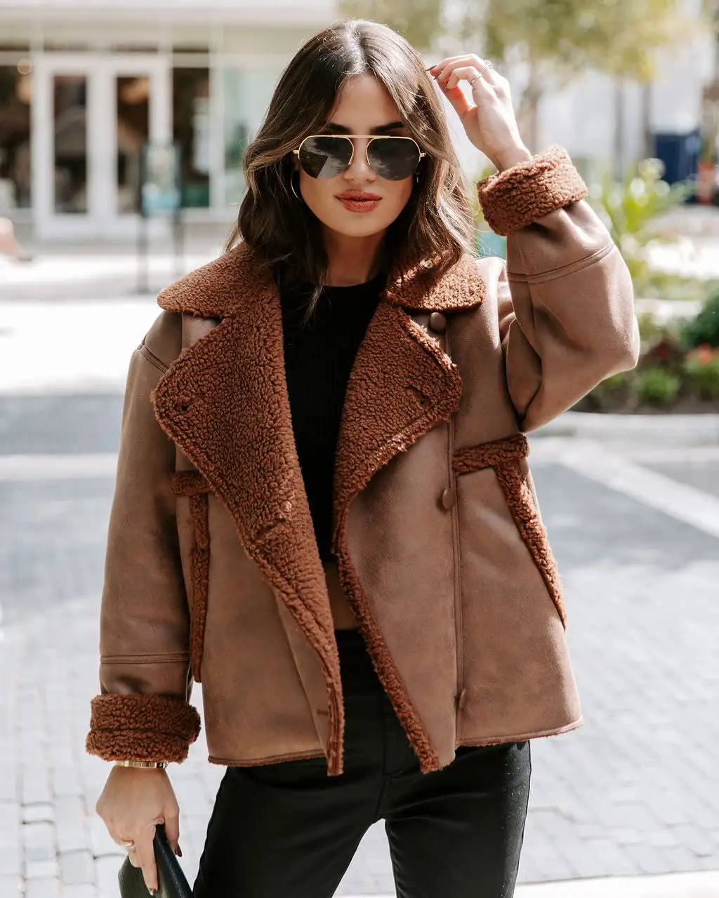 Karen Pocketed Faux Suede Sherpa Trim Jacket - Chocolate - FINAL SALE 3 Karen Pocketed Faux Suede Sherpa Trim Jacket - Chocolate - FINAL SALE - Image 3