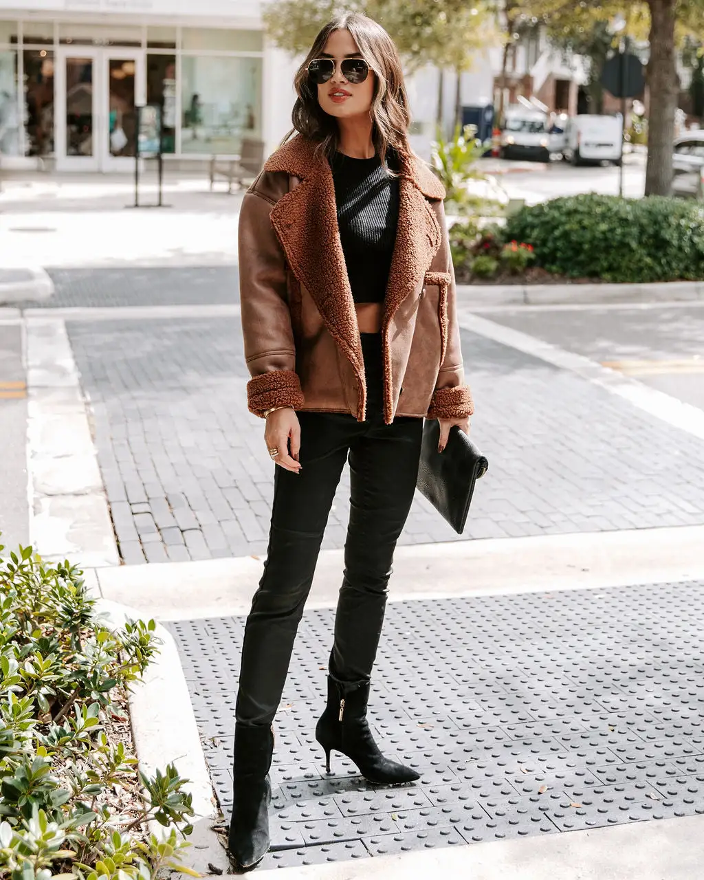 Karen Pocketed Faux Suede Sherpa Trim Jacket - Chocolate - FINAL SALE 5 Karen Pocketed Faux Suede Sherpa Trim Jacket - Chocolate - FINAL SALE - Image 5