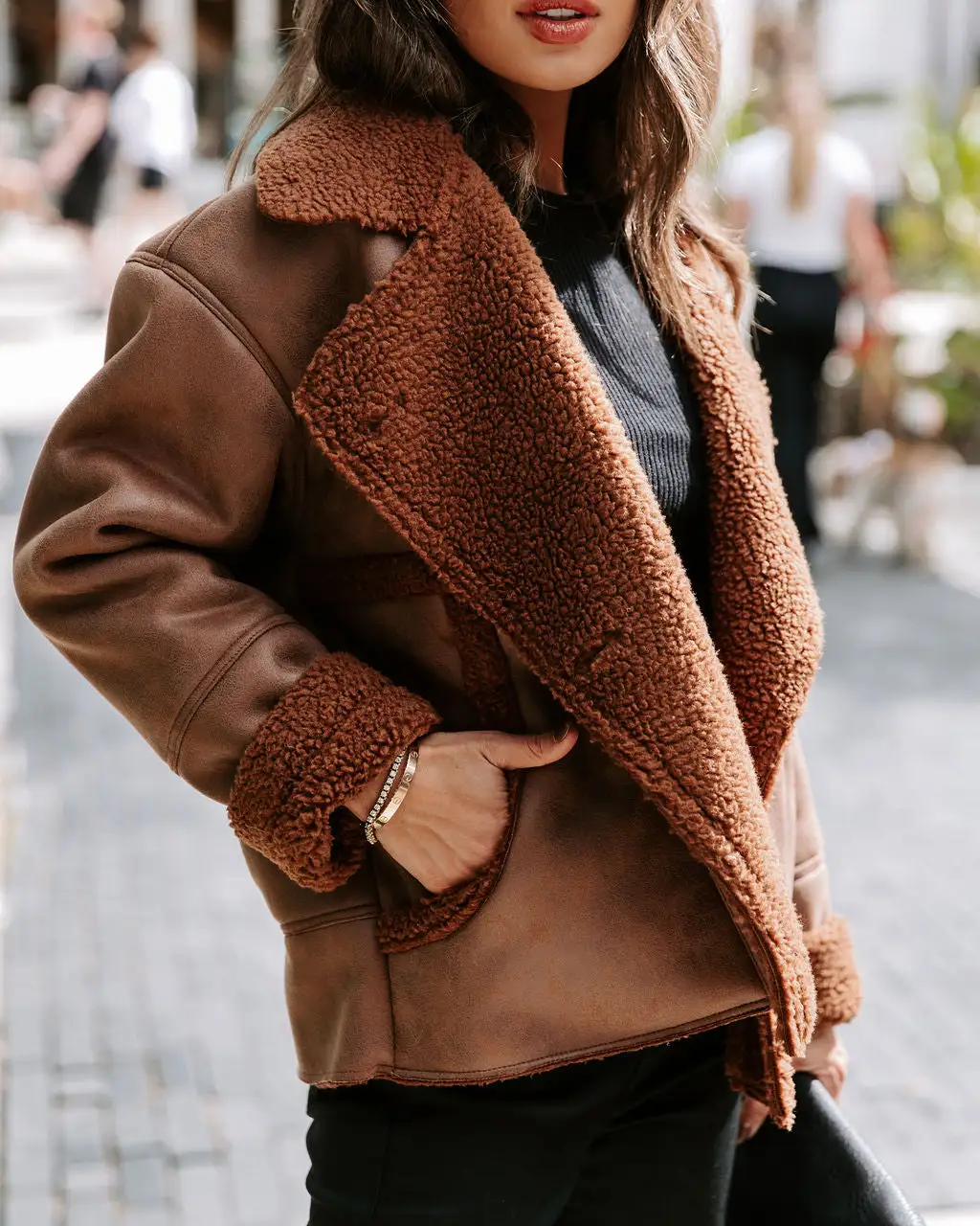 Karen Pocketed Faux Suede Sherpa Trim Jacket - Chocolate - FINAL SALE 2 Karen Pocketed Faux Suede Sherpa Trim Jacket - Chocolate - FINAL SALE - Image 2