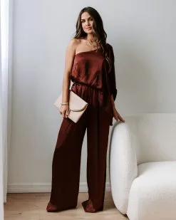 Yolanda Satin Pocketed One Shoulder Jumpsuit - Brown - FINAL SALE -clothes Sales EM4A6658