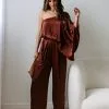 Yolanda Satin Pocketed One Shoulder Jumpsuit - Brown - FINAL SALE