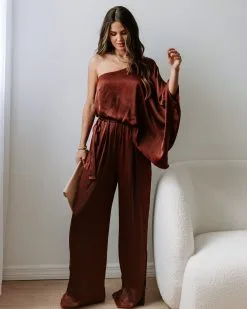 Yolanda Satin Pocketed One Shoulder Jumpsuit - Brown - FINAL SALE