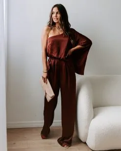 Yolanda Satin Pocketed One Shoulder Jumpsuit - Brown - FINAL SALE -clothes Sales EM4A6689