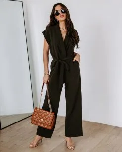 Fabiola Pocketed Tie Waist Wide Leg Jumpsuit - Dark Olive - FINAL SALE