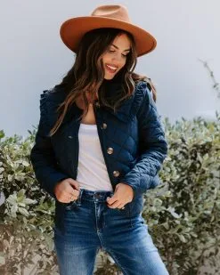 Loretta Cotton Pocketed Quilted Jacket - Navy - LAST CHANCE