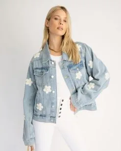 Gracie Embellished Floral Pearl Pocketed Denim Jacket