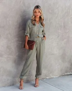 Exploring The Orchards Pocketed Belted Jumpsuit - Olive - FINAL SALE -clothes Sales ExploringTheOrchardsPocketedBeltedJumpsuitOlive1