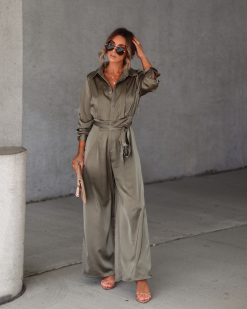 Pull It Together Satin Pocketed Jumpsuit - Dark Sage - SALE