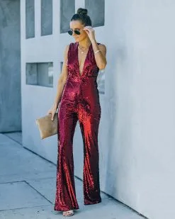 Dancing On Air Sequin Jumpsuit - Burgundy - FINAL SALE -clothes Sales FO6C3169
