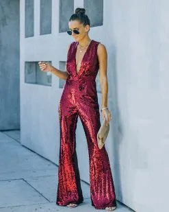 Dancing On Air Sequin Jumpsuit - Burgundy - FINAL SALE