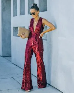 Dancing On Air Sequin Jumpsuit - Burgundy - FINAL SALE -clothes Sales FO6C3204