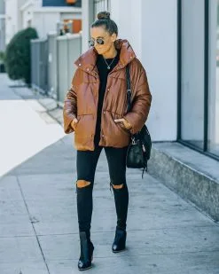 Cade Pocketed Faux Leather Puffer Jacket - Brown - SALE