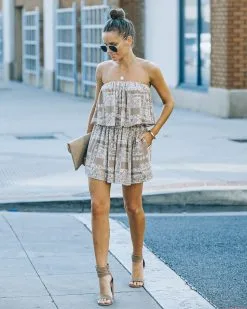 Sev Pocketed Strapless Printed Romper - Mocha - FINAL SALE