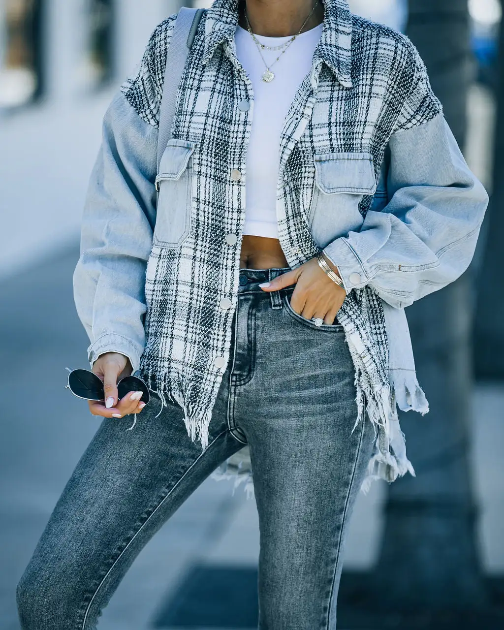 Kaylyn Contrast Plaid Frayed Denim Shacket - FINAL SALE 4 Kaylyn Contrast Plaid Frayed Denim Shacket - FINAL SALE - Image 4