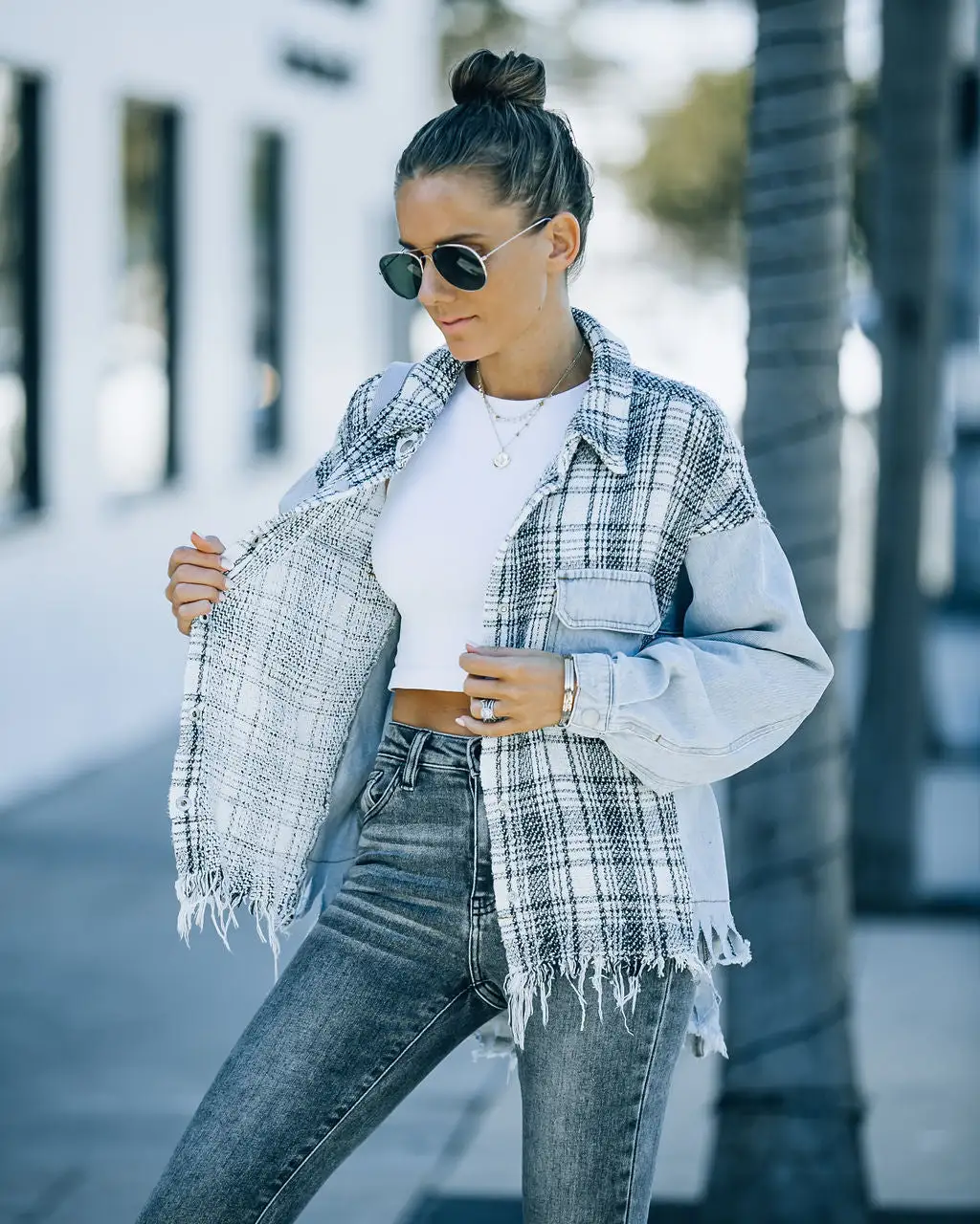 Kaylyn Contrast Plaid Frayed Denim Shacket - FINAL SALE 7 Kaylyn Contrast Plaid Frayed Denim Shacket - FINAL SALE - Image 7