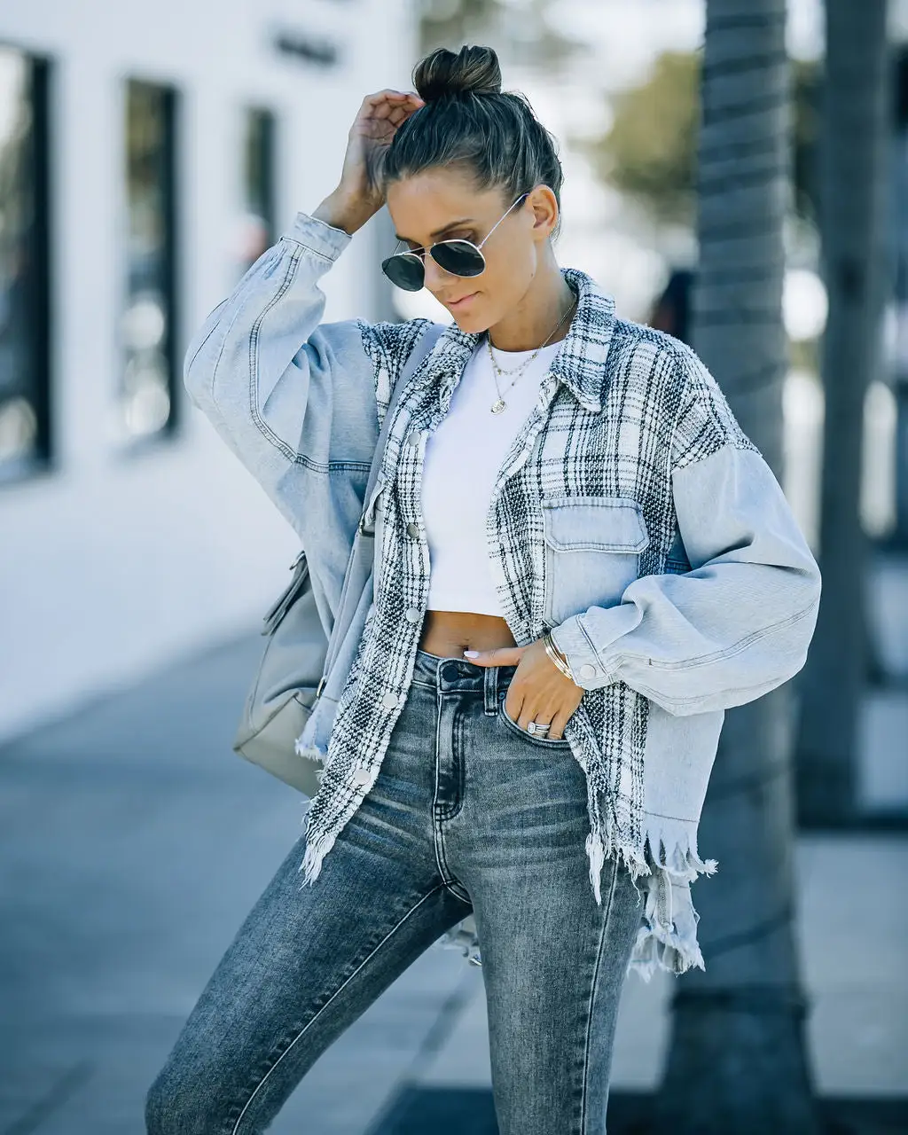 Kaylyn Contrast Plaid Frayed Denim Shacket - FINAL SALE 9 Kaylyn Contrast Plaid Frayed Denim Shacket - FINAL SALE - Image 9