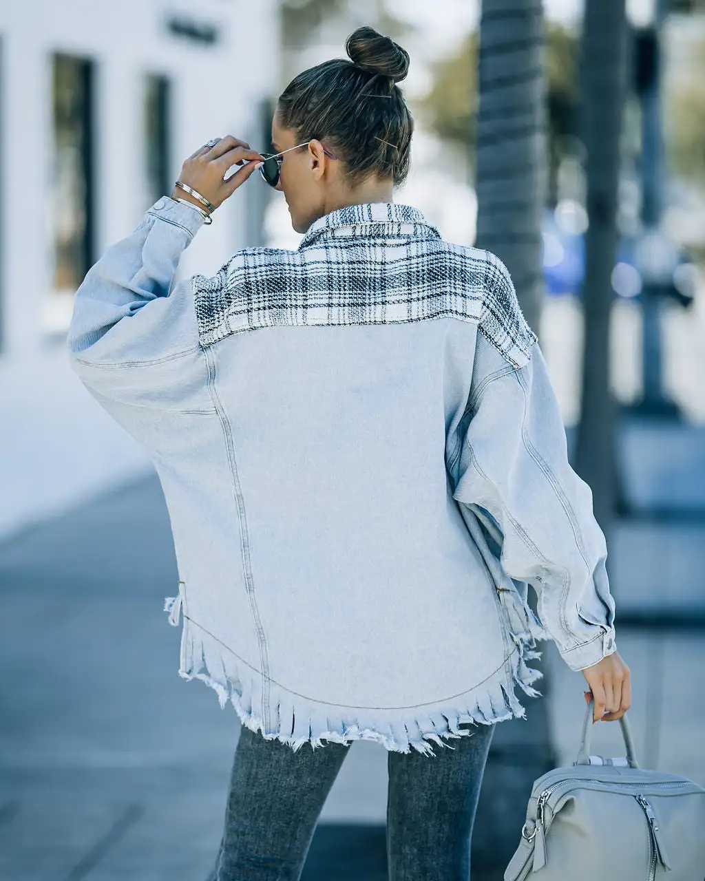 Kaylyn Contrast Plaid Frayed Denim Shacket - FINAL SALE 2 Kaylyn Contrast Plaid Frayed Denim Shacket - FINAL SALE - Image 2