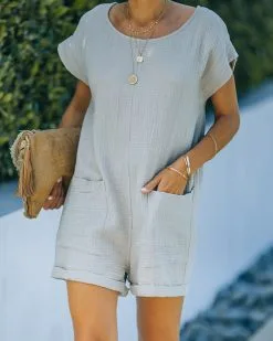 Keep Your Cool Cotton Pocketed Relaxed Romper - Haze Grey -clothes Sales FO6C6511