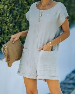 Keep Your Cool Cotton Pocketed Relaxed Romper - Haze Grey -clothes Sales FO6C6530
