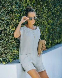Keep Your Cool Cotton Pocketed Relaxed Romper - Haze Grey -clothes Sales FO6C6546