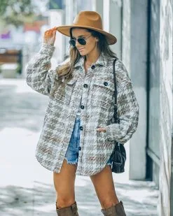 Yanni Pocketed Houndstooth Shacket - Taupe - FINAL SALE