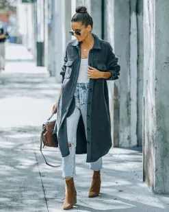 Alayjah Pocketed Longline Fleece Shacket - Charcoal - FINAL SALE