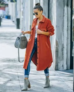 Alayjah Pocketed Longline Fleece Shacket - Rust - FINAL SALE