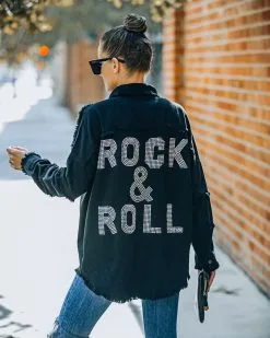 Rhinestone Rock And Roll Cotton Frayed Shacket - Black - FINAL SALE
