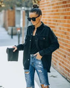 Rhinestone Rock And Roll Cotton Frayed Shacket - Black - FINAL SALE 14 Rhinestone Rock And Roll Cotton Frayed Shacket - Black - FINAL SALE -clothes Sales FO6C9132