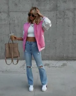 Friday Night Lights Pocketed Varsity Bomber Jacket - Pink - SALE