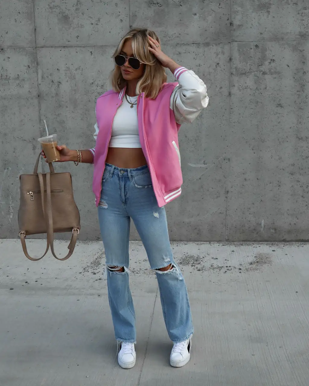 Friday Night Lights Pocketed Varsity Bomber Jacket - Pink - SALE 1 Friday Night Lights Pocketed Varsity Bomber Jacket - Pink - SALE