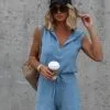 Harbor Dates Knit Half Zip Pocketed Romper - Dusty Blue - FINAL SALE