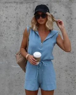 Harbor Dates Knit Half Zip Pocketed Romper - Dusty Blue - FINAL SALE