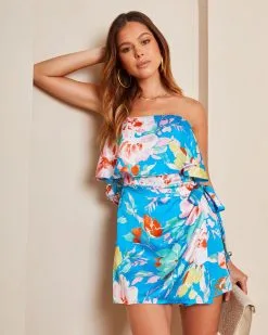 Get Me To Maui Satin Floral Strapless Side Tie Romper
