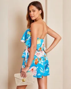 Get Me To Maui Satin Floral Strapless Side Tie Romper -clothes Sales Getmetomauisatinfloralstraplesssidetieromper0201
