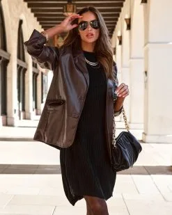 Girl Boss Faux Leather Pocketed Blazer - Chocolate - FINAL SALE -clothes Sales Girlbossfauxleatherpocketedblazerchocolate 78