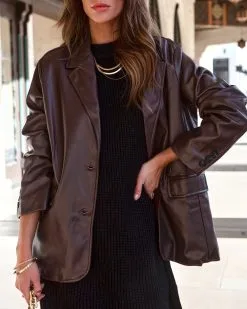 Girl Boss Faux Leather Pocketed Blazer - Chocolate - FINAL SALE -clothes Sales Girlbossfauxleatherpocketedblazerchocolate 94