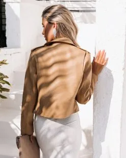 Gramercy Pocketed Faux Leather Moto Jacket - Camel - LAST CHANCE -clothes Sales GramercyPocketedFauxLeatherMotoJacketCamel52
