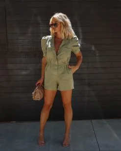 Such A Trooper Cotton Puff Sleeve Pocketed Romper - Olive -clothes Sales IMG 05532