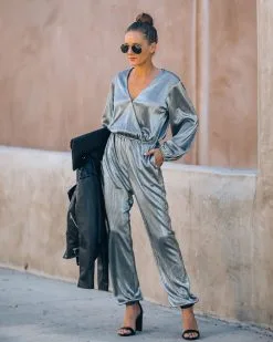 That's A Wrap Pocketed Plisse Jumpsuit - Silver - FINAL SALE
