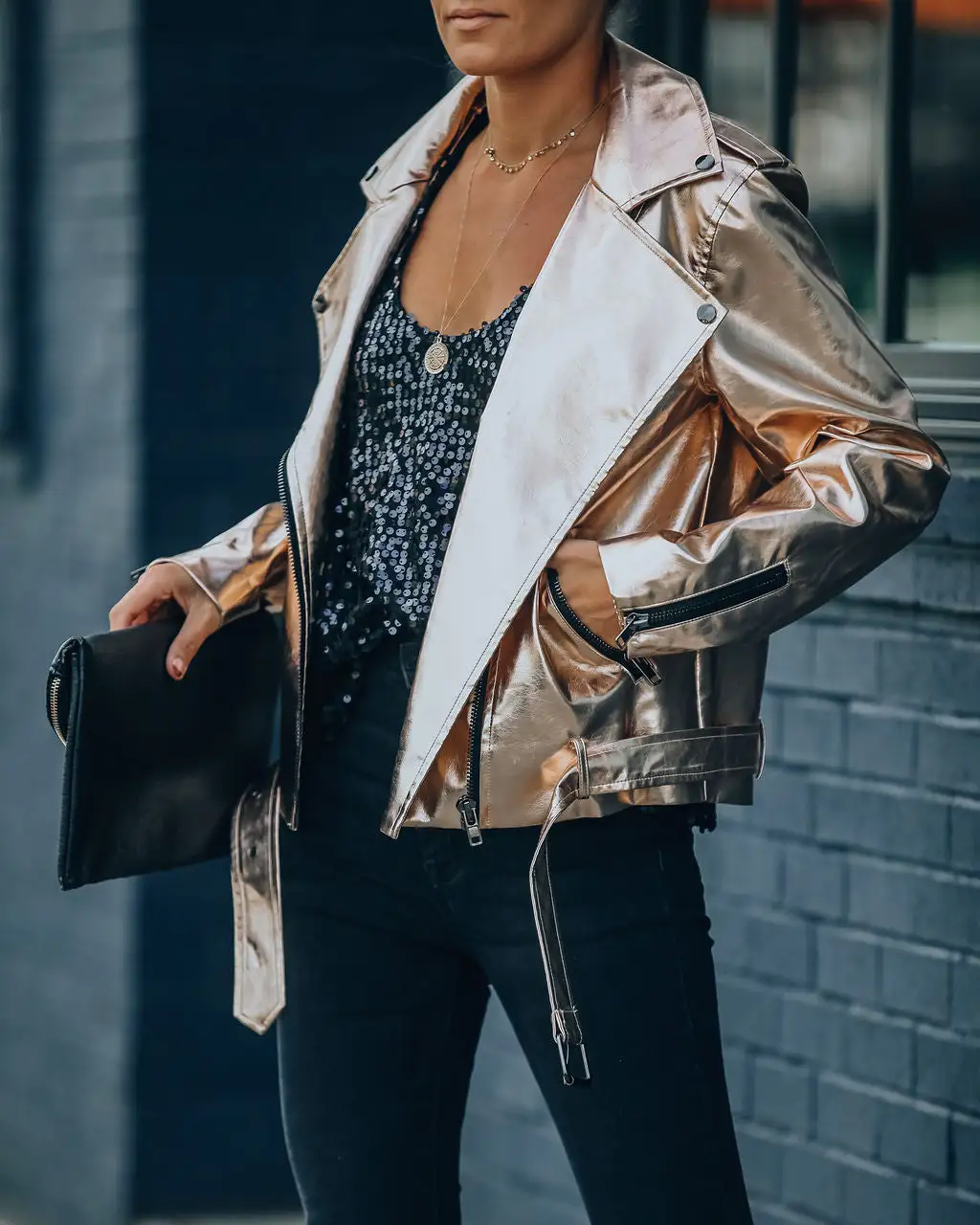 Kenley Pocketed Metallic Faux Leather Moto Jacket - FINAL SALE 2 Kenley Pocketed Metallic Faux Leather Moto Jacket - FINAL SALE - Image 2