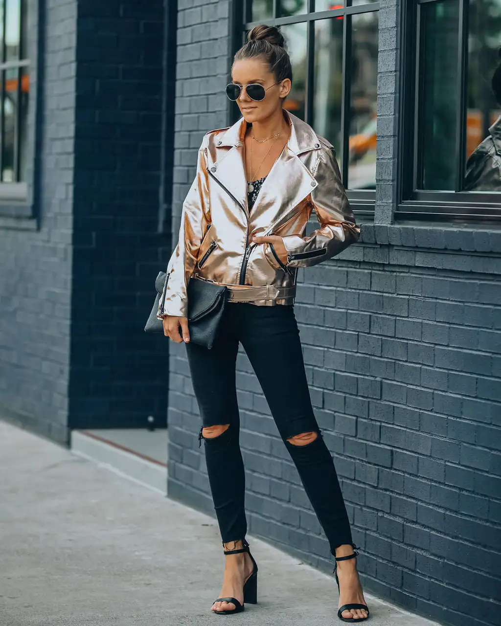 Kenley Pocketed Metallic Faux Leather Moto Jacket - FINAL SALE 1 Kenley Pocketed Metallic Faux Leather Moto Jacket - FINAL SALE