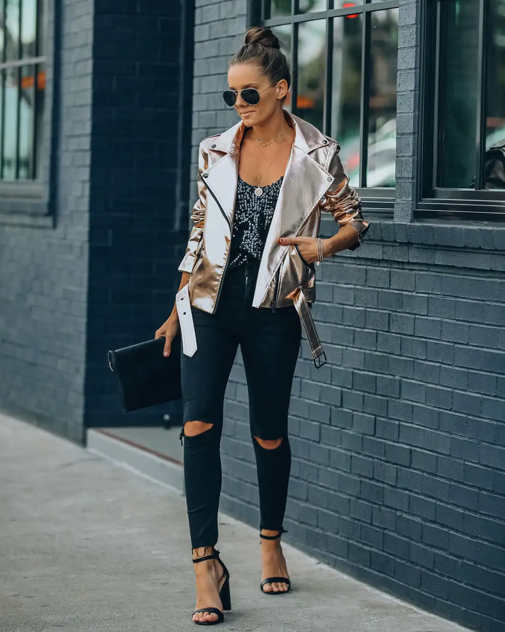 Kenley Pocketed Metallic Faux Leather Moto Jacket - FINAL SALE 4 Kenley Pocketed Metallic Faux Leather Moto Jacket - FINAL SALE - Image 4