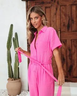 Janice Cotton Pocketed Jumpsuit - Hot Pink - SALE -clothes Sales Janicecottonpocketedjumpsuithotpink45