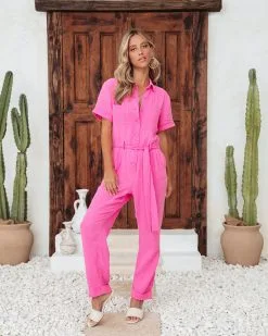 Janice Cotton Pocketed Jumpsuit - Hot Pink - SALE