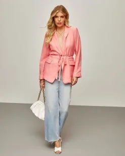 Jazmine Pocketed Waist Tie Blazer - Coral -clothes Sales Jazminepocketedwaisttieblazercoral37761