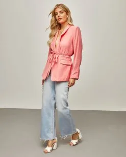 Jazmine Pocketed Waist Tie Blazer - Coral -clothes Sales Jazminepocketedwaisttieblazercoral37901