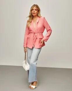 Jazmine Pocketed Waist Tie Blazer - Coral -clothes Sales Jazminepocketedwaisttieblazercoral38061