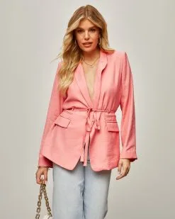 Jazmine Pocketed Waist Tie Blazer - Coral